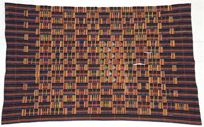 Lot 2144 - Early 20th Century Ghanian Kente Cloth, incorporating strips of woven striped cottons in green,...