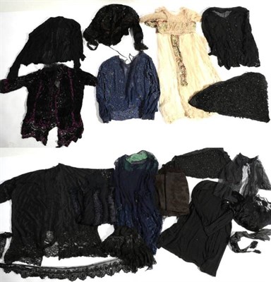 Lot 2169 - Assorted Early 20th Century Costume, comprising a Victorian black silk collar with lace trims;...