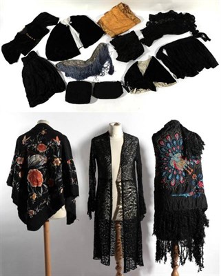 Lot 2170 - Assorted 19th/20th Century Costume and Accessories, comprising two black astracan fur muffs,...