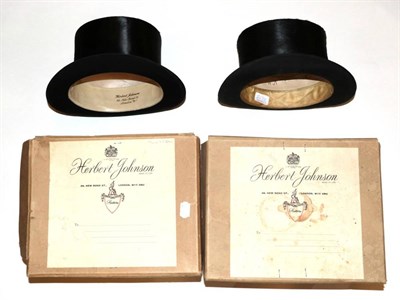 Lot 2172 - A Herbert Johnson Black Silk Top Hat, in card box; Herbert Johnson Black Silk Hunting Top Hat, with