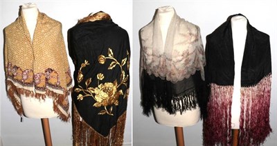 Lot 2174 - Four Circa 1920s and Later Evening Shawls, comprising a black silk example with a gold silk...