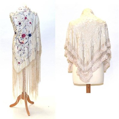 Lot 2181 - Late 19th Century/Early 20th Century Chinese Silk Shawls, including a cream silk square shawl...