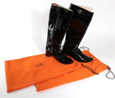 Lot 2204 - Pair of Hermès Black Patent Leather Boots, block heels and zip fastenings (size 41), with dust...