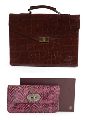 Lot 2213 - Mulberry Embossed Brown 'Croc' Leather Briefcase, brass twist fastening to the envelope front,...