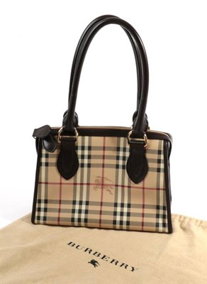 Lot 2221 - Burberry Check Leather Handbag, trimmed in chocolate brown leather, with twin carry handles,...