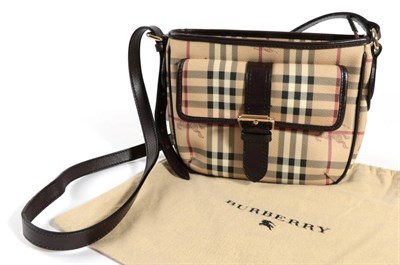 Lot 2223 - Burberry Check Leather Cross Body Bag, trimmed in dark brown leather, with faux buckle clasp...