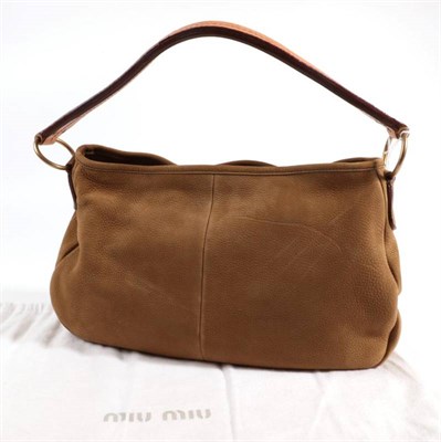 Lot 2224 - Miu Miu Taupe/Mushroom Suede Shoulder Bag, with tan handle, 22cm by 34cm by 10cm, with dust bag