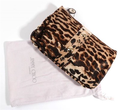 Lot 2227 - Jimmy Choo Leopard Print Faux Ponyskin Clutch Bag, with eyelet and stud detail, 18cm by 30cm,...