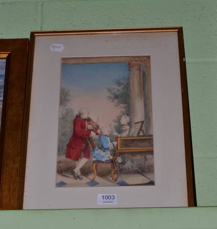 Lot 1003 - After Louis de Carmontelle (French 1717-1806) Mozart and his family, watercolour, 32cm by 19.5cm