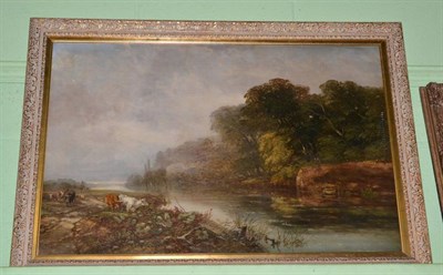 Lot 1004 - Arthur James Stark (1831-1902) Herdsman with sheep and cattle at a river crossing, oil on...