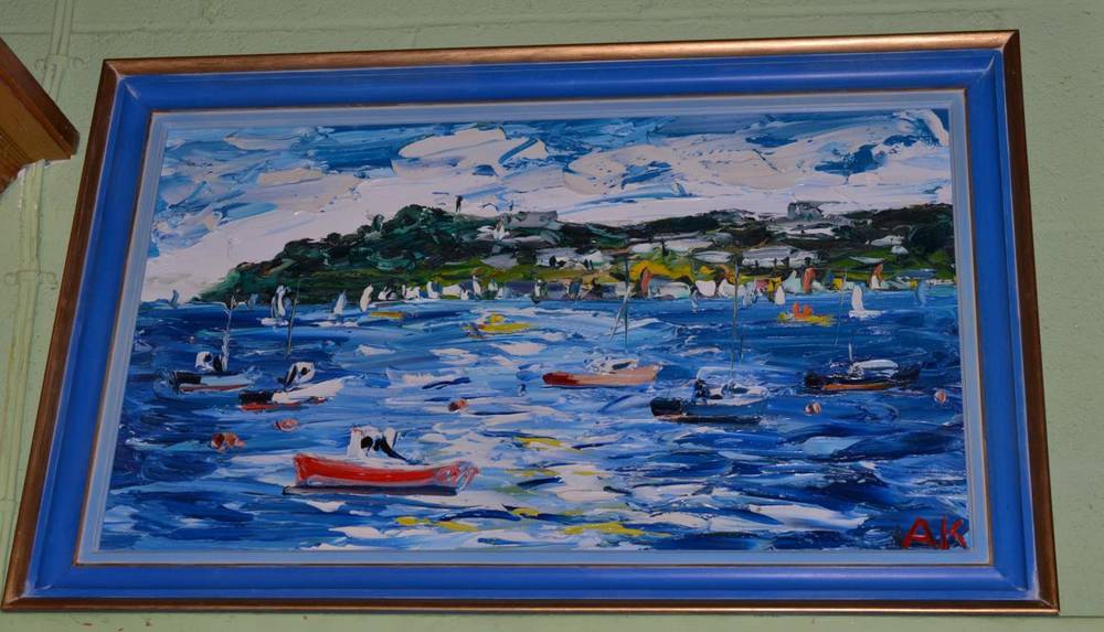Lot 1028 - Alan Knight (Contemporary) Newlyn Harbour, signed, oil on panel, 44cm by 74cm