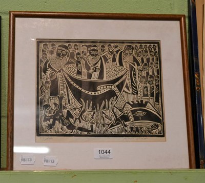 Lot 1044 - Azaria M'Batha (d.1941) Missionary in boiling water, woodcut, signed and numbered 52/100 to the...