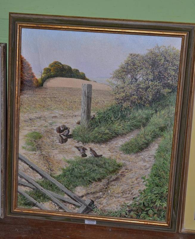 Lot 1048 - Ken Turner (b.1926) ''Partridges by a gate'', oil on canvas, signed, titled to a label verso,...