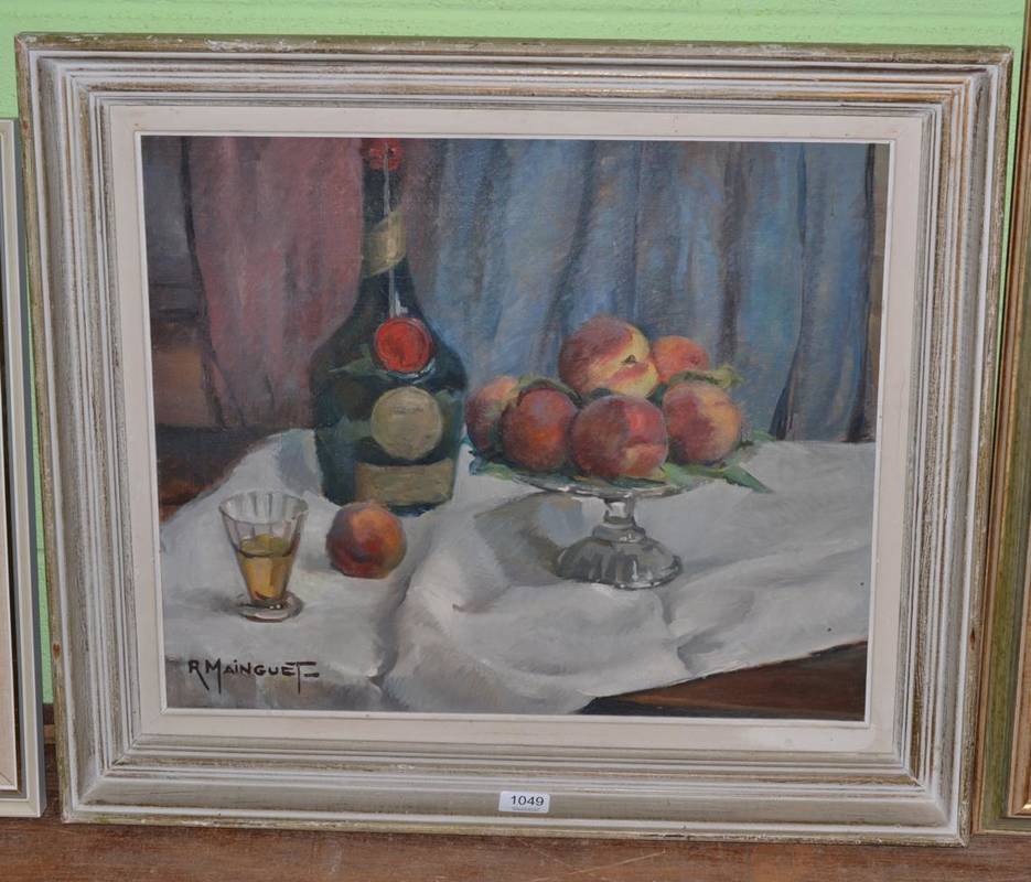 Lot 1049 - R Mainguet?? (20th century), French, still life of peaches and a bottle and a glass of liqueur,...