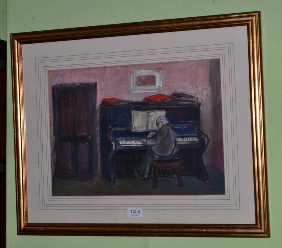 Lot 1056 - Circle of Theodore Major (20th/21st century) Figure playing the piano in an interior, pastel