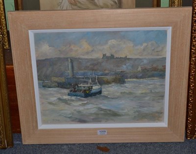 Lot 1059 - Christine M Pybus (Contemporary) Whitby fishing boat, signed, oil on canvas, 40cm by 50cm