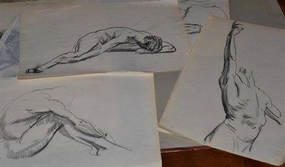 Lot 1065 - Attributed to Phillip Naviasky (1894-1983) study of a female nude reaching forward, black chalk...