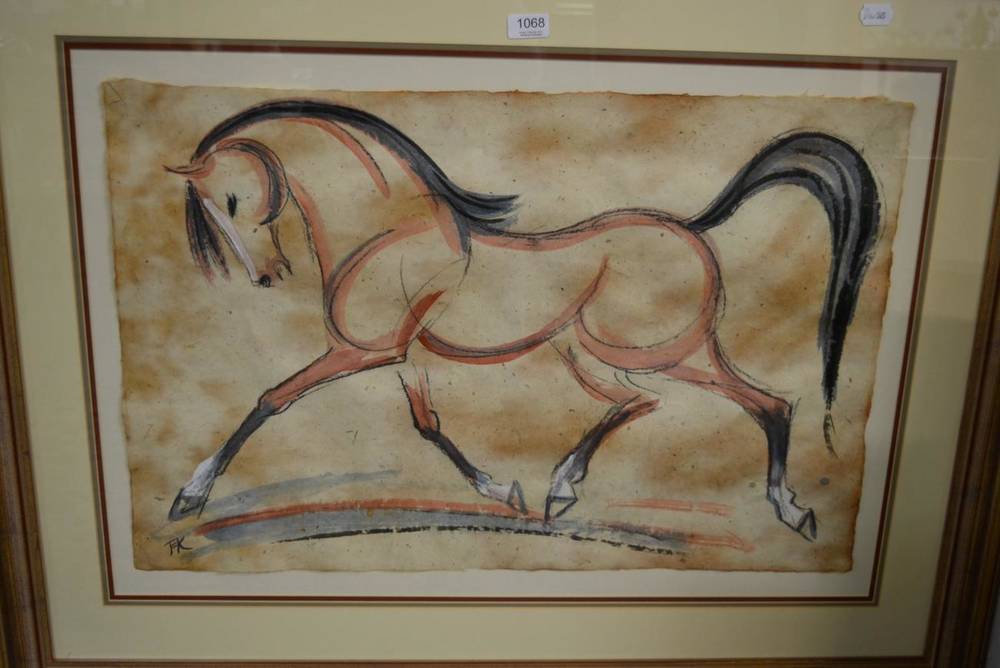 Lot 1068 - A large picture of a horse, signed FK, 51cm x 76cm