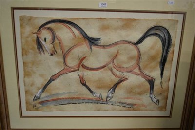 Lot 1068 - A large picture of a horse, signed FK, 51cm x 76cm