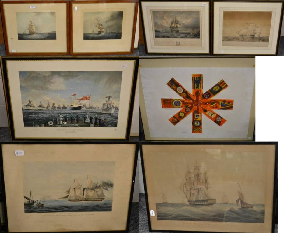 Lot 1070 - Six antique ship prints, including HMS Britannia and St Vincent and HCS Macqueen, also a large...