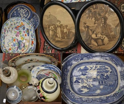 Lot 1101 - An Ironstone drainer; blue and white ceramics; oil lamp etc (two boxes)