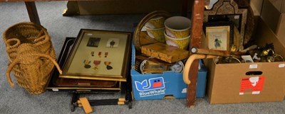 Lot 1103 - A miscellaneous quantity to include: walking sticks, stoneware, table lamps, treen breadboard...