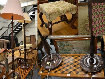 Lot 1119 - Cube parquetry coffee table; William & Mary style stool; a pair of mahogany standard lamps; two...