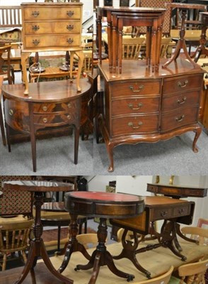 Lot 1121 - A group of reproduction furniture comprising: two small leather topped drum tables; a walnut...