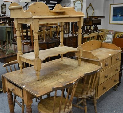 Lot 1127 - A Victorian pine washstand; a chest of drawers; a pine drop leaf table; and four pine stick...