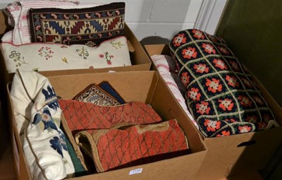 Lot 1148 - Two modern red and white toile style bed covers, cream cushions with early 19th century...