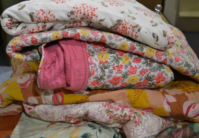 Lot 1152 - 20th century bed covers, including a white cotton reversible cover printed with red hydrangea heads