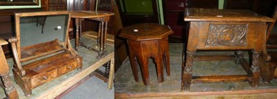 Lot 1200 - A small walnut Sutherland table; an oak joint stool with hinged seat and carved decoration; a...