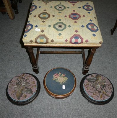 Lot 1204 - Victorian walnut and parquetry decorated footstool, a pair of Victorian bead work footstools...