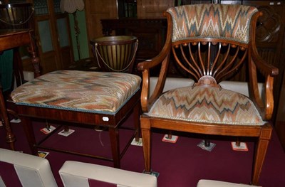 Lot 1267 - Late Victorian inlaid mahogany open armchair with fan splat, and a stool in matching bargello (2)