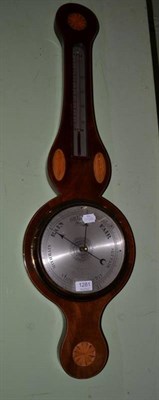 Lot 1281 - A Victorian mahogany and marquetry inlaid banjo barometer, with silvered dial bearing later...