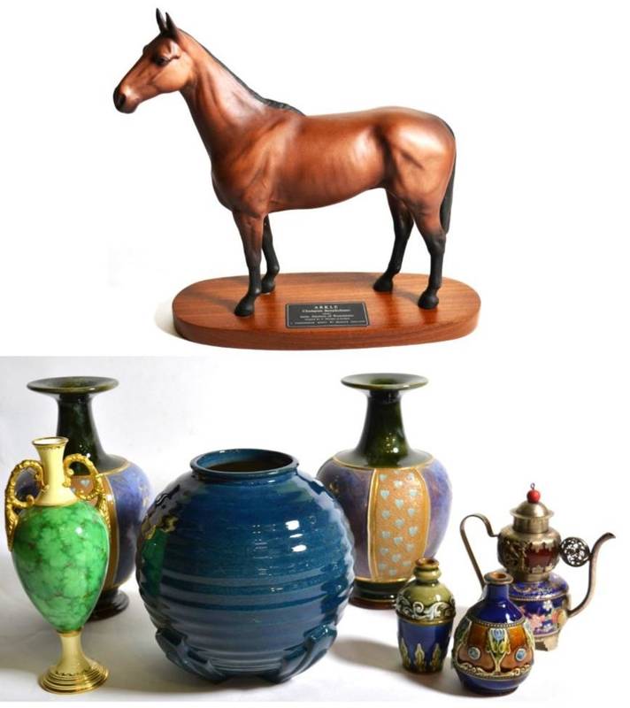 Lot 3 - A pair of Royal Doulton vases; a Beswick model of Arkle; two small Doulton vases and other ceramics