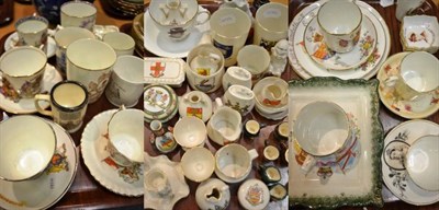 Lot 16 - Crested china; seven miniature Royal Doulton character jugs; Commemorative mugs etc (four trays)
