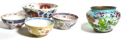 Lot 22 - Three various Chinese porcelain bowls (one stapled); a cloisonne enamel pot; and a Japanese...