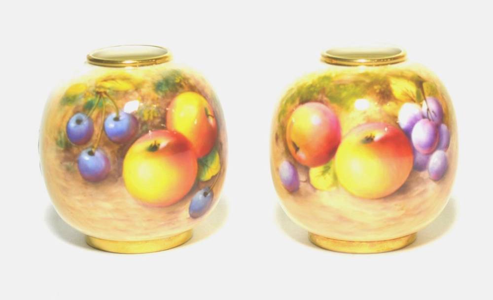 Lot 46 - Pair of Royal Worcester fruit painted vases, shape no. 2419, signed Roberts