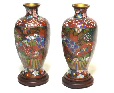 Lot 49 - A pair of cloisonne enamelled vases with floral designs, with stands
