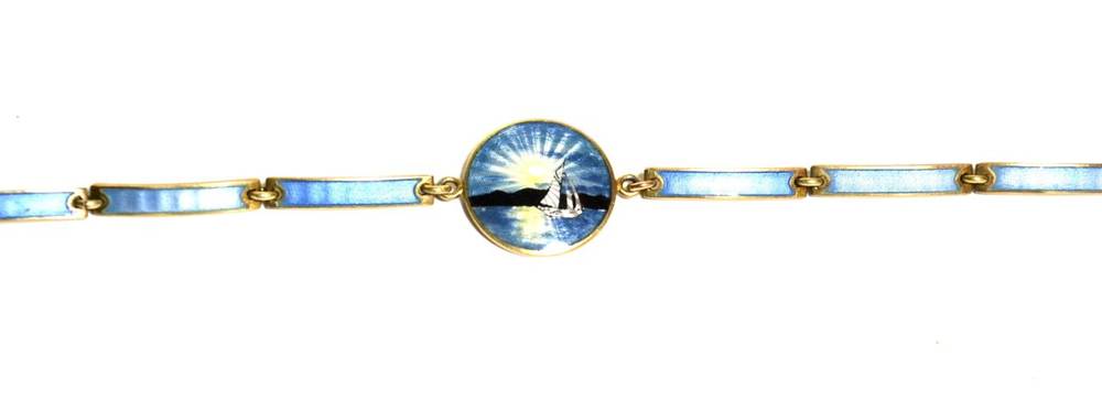 Lot 61 - A Norwegian enamel bracelet, by Kristian M. Hestenes, a central blue guilloche enamel disc...
