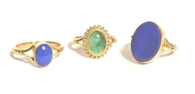 Lot 63 - Two 9 carat gold lapis lazuli set rings and a 9 carat gold cabochon set ring JR/1S/43 R/3W/0...