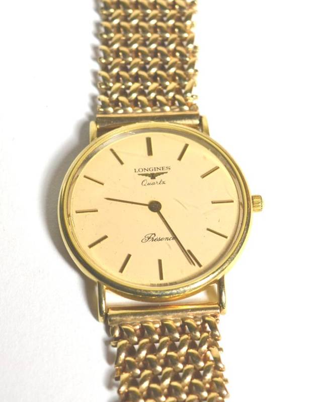 Lot 83 - A 9 carat gold wristwatch, signed Longines, Resence, containing a quartz battery movement,...