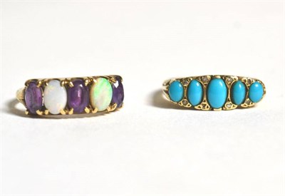 Lot 85 - A 9 carat gold turquoise and diamond ring, finger size O1/2 and a 9 carat gold opal and...
