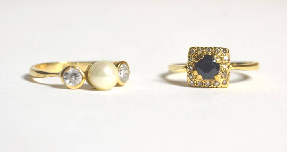 Lot 88 - An 18 carat gold sapphire and diamond cluster ring, and a cultured pearl and paste three stone...