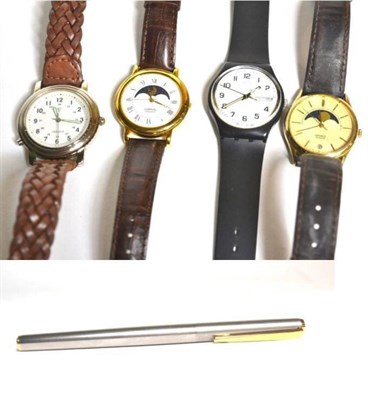 Lot 92 - Mont Blanc steel fountain pen, with ink; and four wristwatches