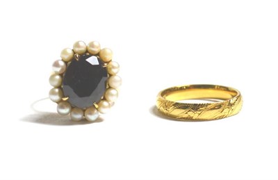 Lot 110 - An 18 carat gold band ring and a garnet and cultured pearl cluster ring stamped '9ct' (2)