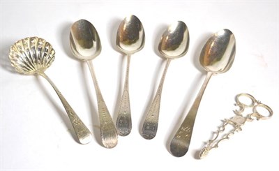 Lot 111 - Three George III provincial bright engraved table spoons, Joseph Hicks, Exeter; an old English...