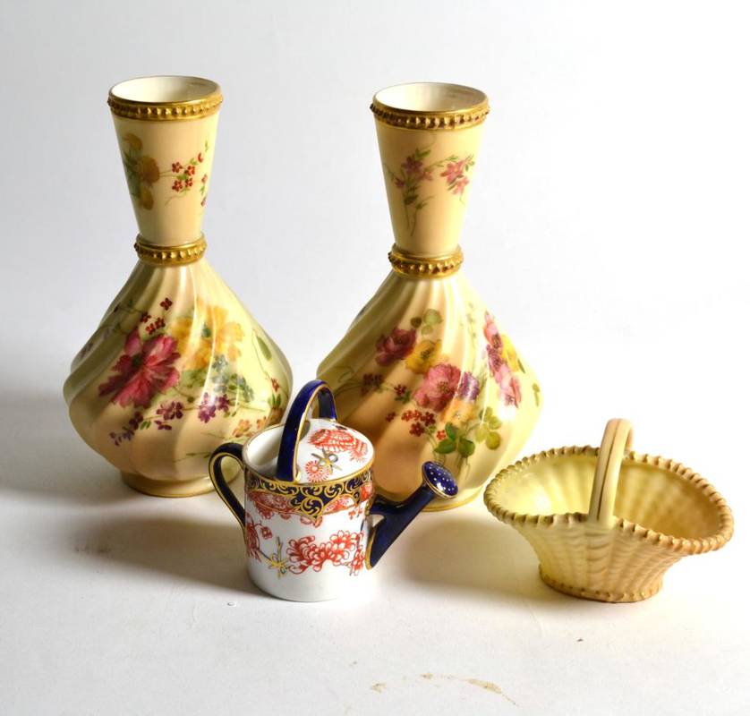 Lot 126 - Pair of Royal Worcester bottle vases, miniature basket and Royal Crown Derby watering can