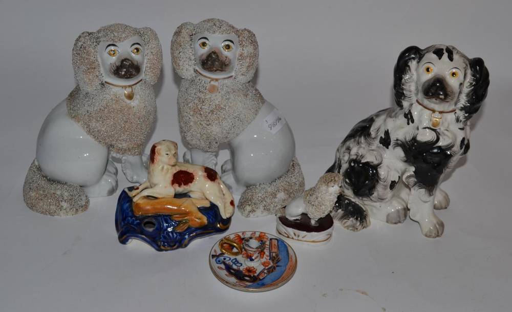 Lot 129 - Pair of Staffordshire poodles, Ironstone taper stick etc